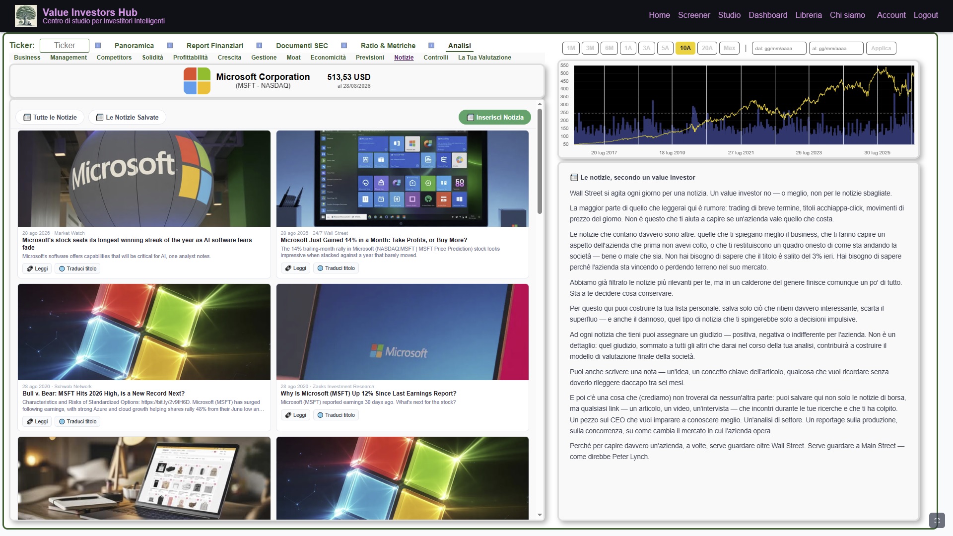 Screenshot delle notizie della società